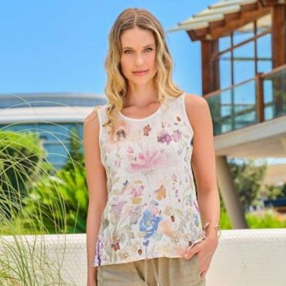 Dolcezza Art Simply Linen Tank Top Floral Art To Wear Lightweight Sleeveless XL